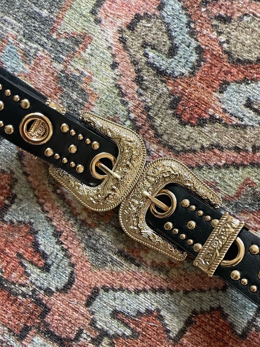 Fashion Nova Black Belt with Ornate Gold Western Buckles